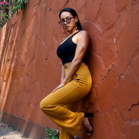 High-Waistef Mustard Yellow Pants - Picture 1 of 4